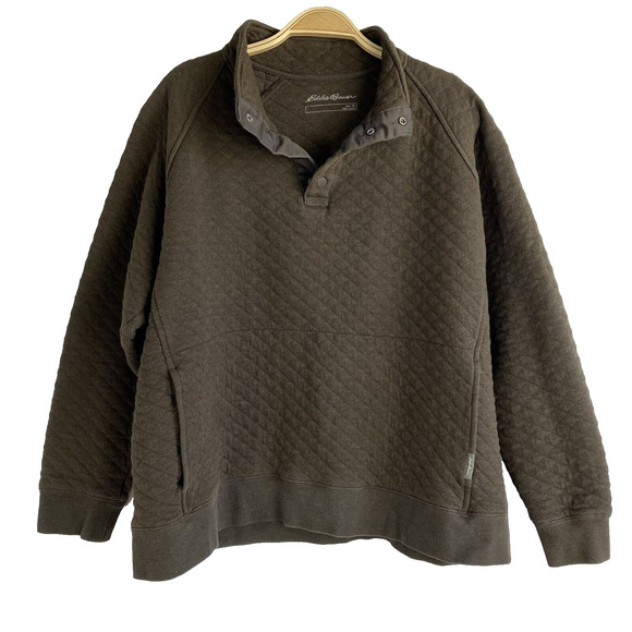 Eddie Bauer Quilted Henley Pullover Sweater Men XL Brown Mock Neck Preppy Knit - Picture 2 of 10